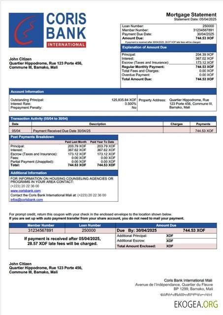 Mali Coris Bank International Mali relevé hypothécaire Modèle Word et PDF